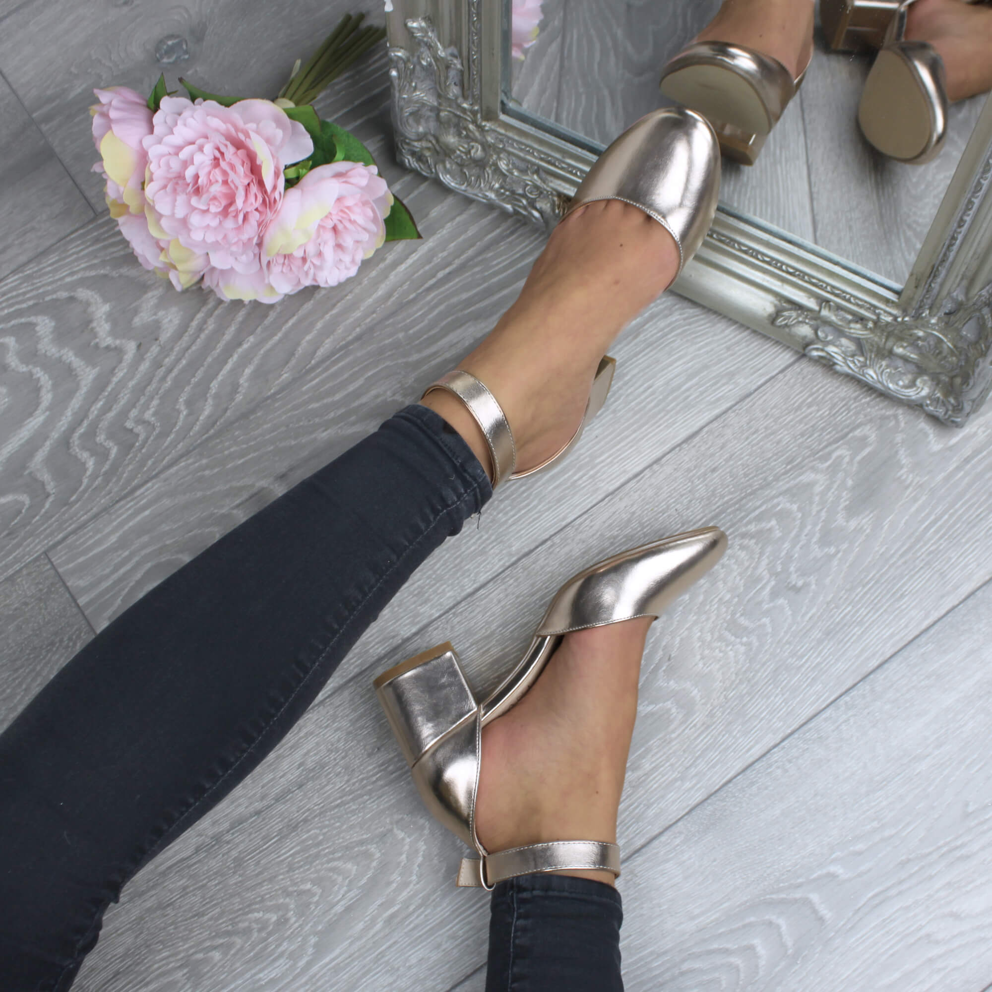 Rose Gold AJVANI Rose Gold Mid Block Heel Ankle Strap 2 Part Heels, Image 5 of 6