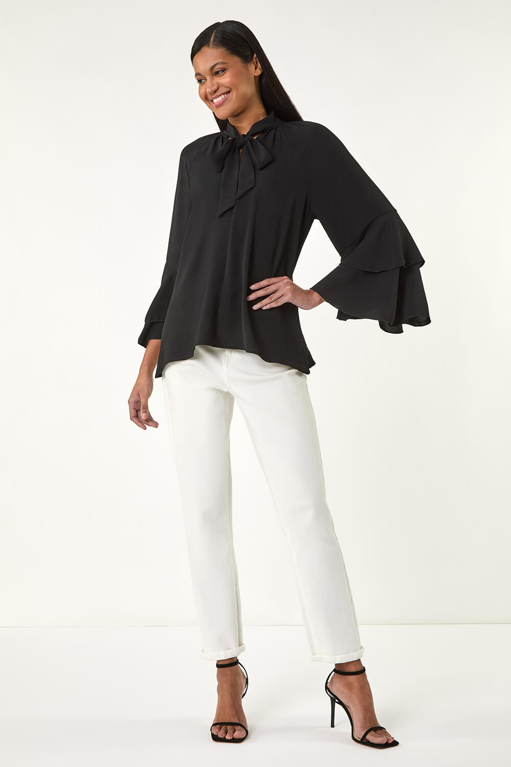 Black Frilled Sleeve Tie Front Top, Image 3 of 5