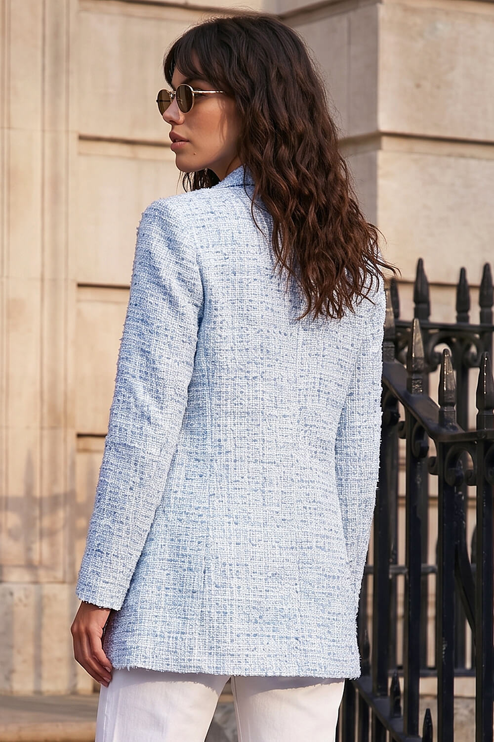 Light Blue  Textured Check Boucle Blazer Jacket, Image 4 of 4