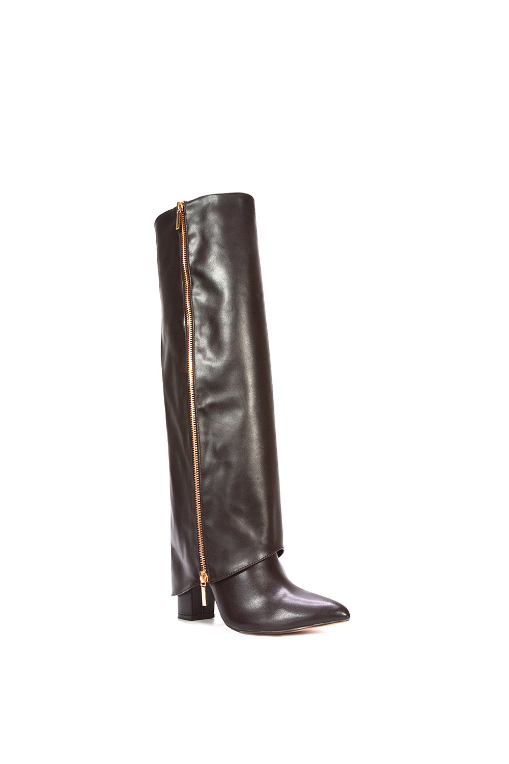Brown XY LONDON Brown 'Allie' Knee High Boots Fold Over Point Toe Deco Zip, Image 2 of 6