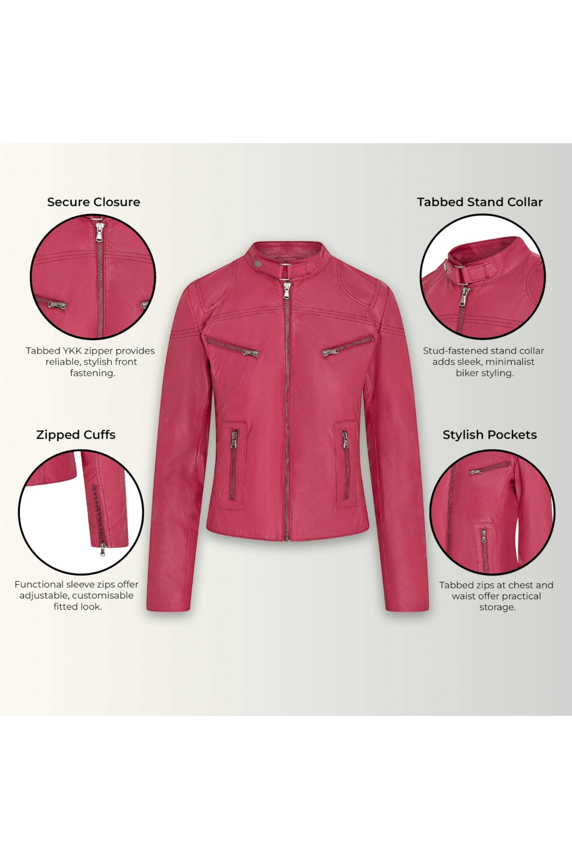 Pink Infinity Leather Pink Slim-Fit Leather Biker Jacket-Tulsa, Image 3 of 6