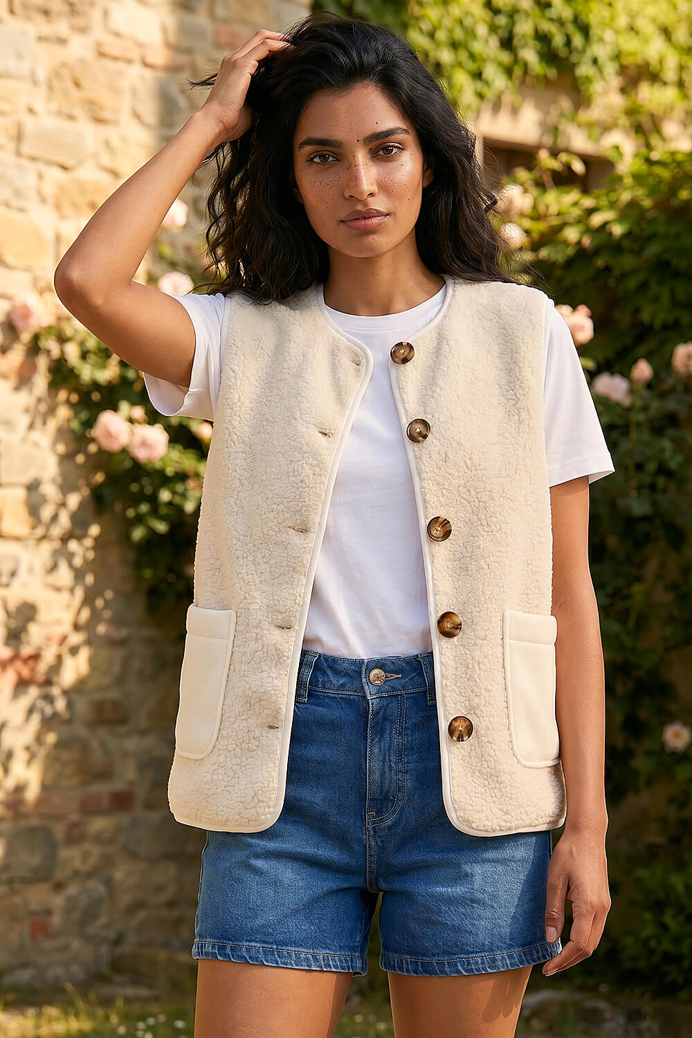 Ivory Fleece Pocket Gilet, Image 1 of 4