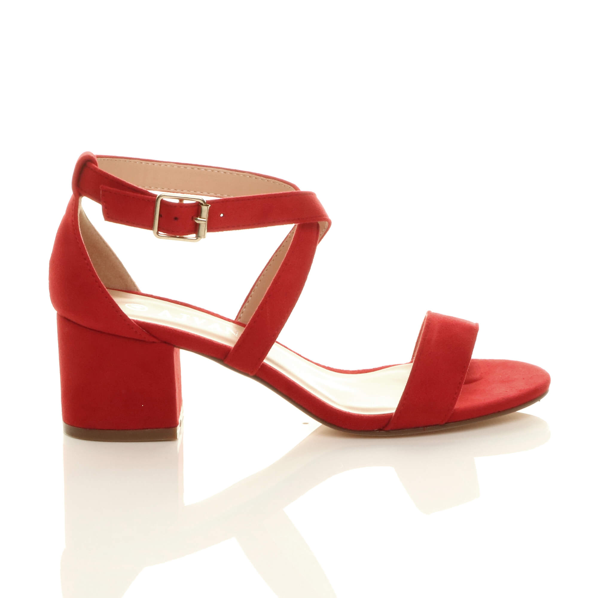 Red AJVANI Red Mid Block Heel Crossed Straps Sandals, Image 2 of 6
