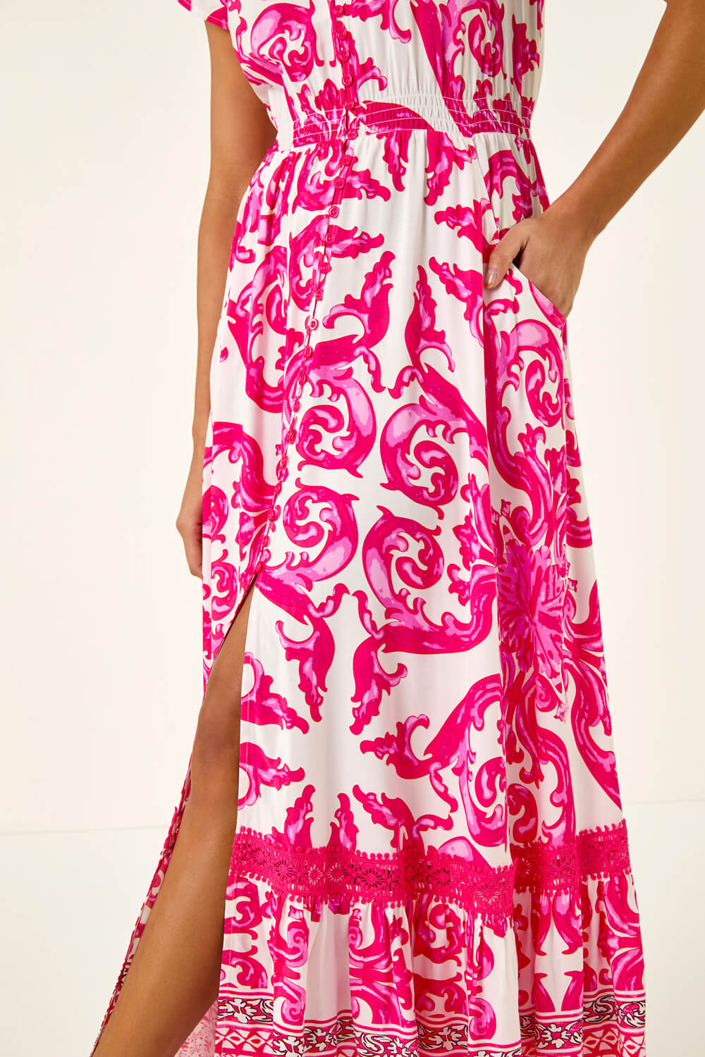 Pink Border Print Button Dress, Image 6 of 5