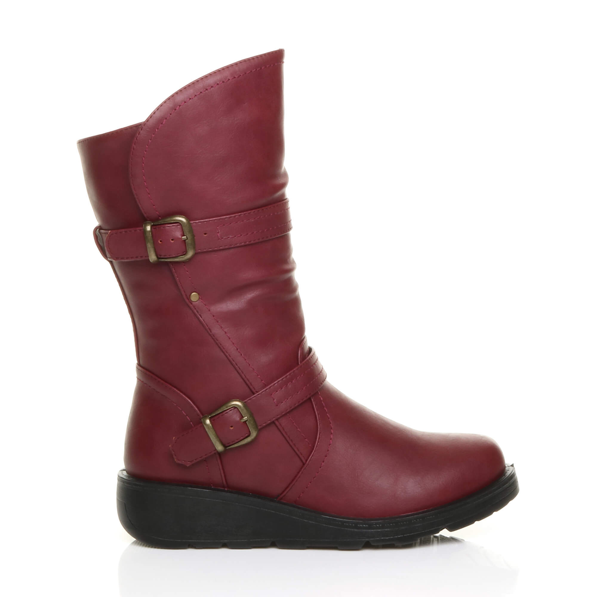 Burgundy AJVANI Burgundy Low Wedge Heel Comfort Calf Biker Boots, Image 2 of 6