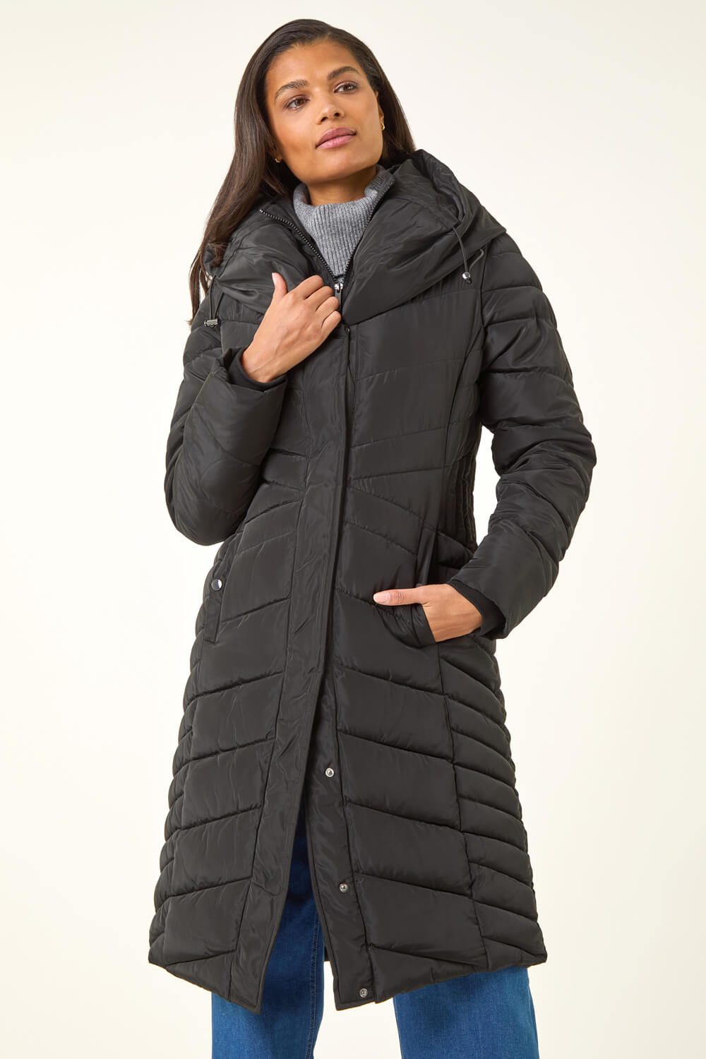Black Hooded Quilted Coat, Image 5 of 5
