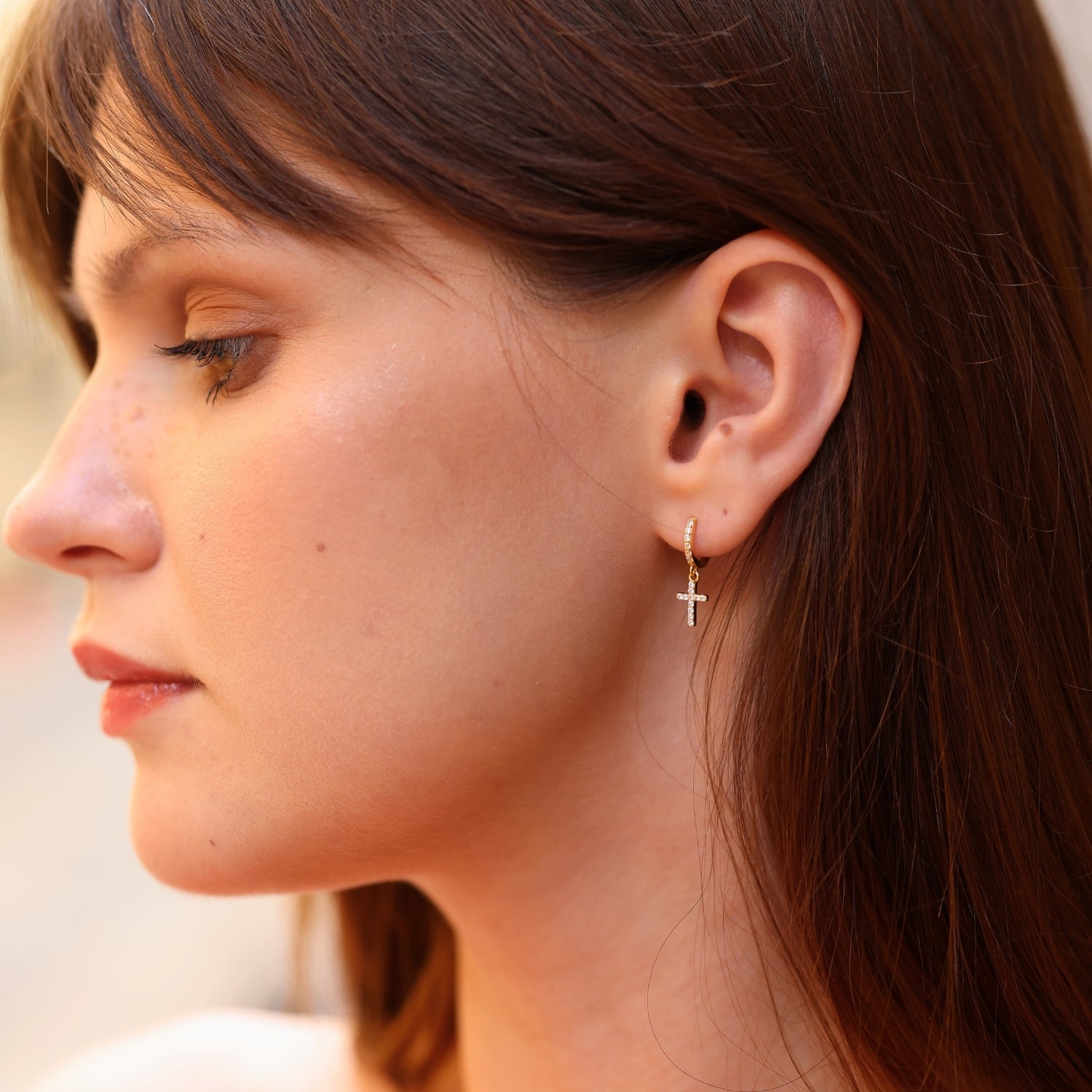 Gold Sterling Silver Huggie Pave Cross Drop Earring, Image 2 of 7