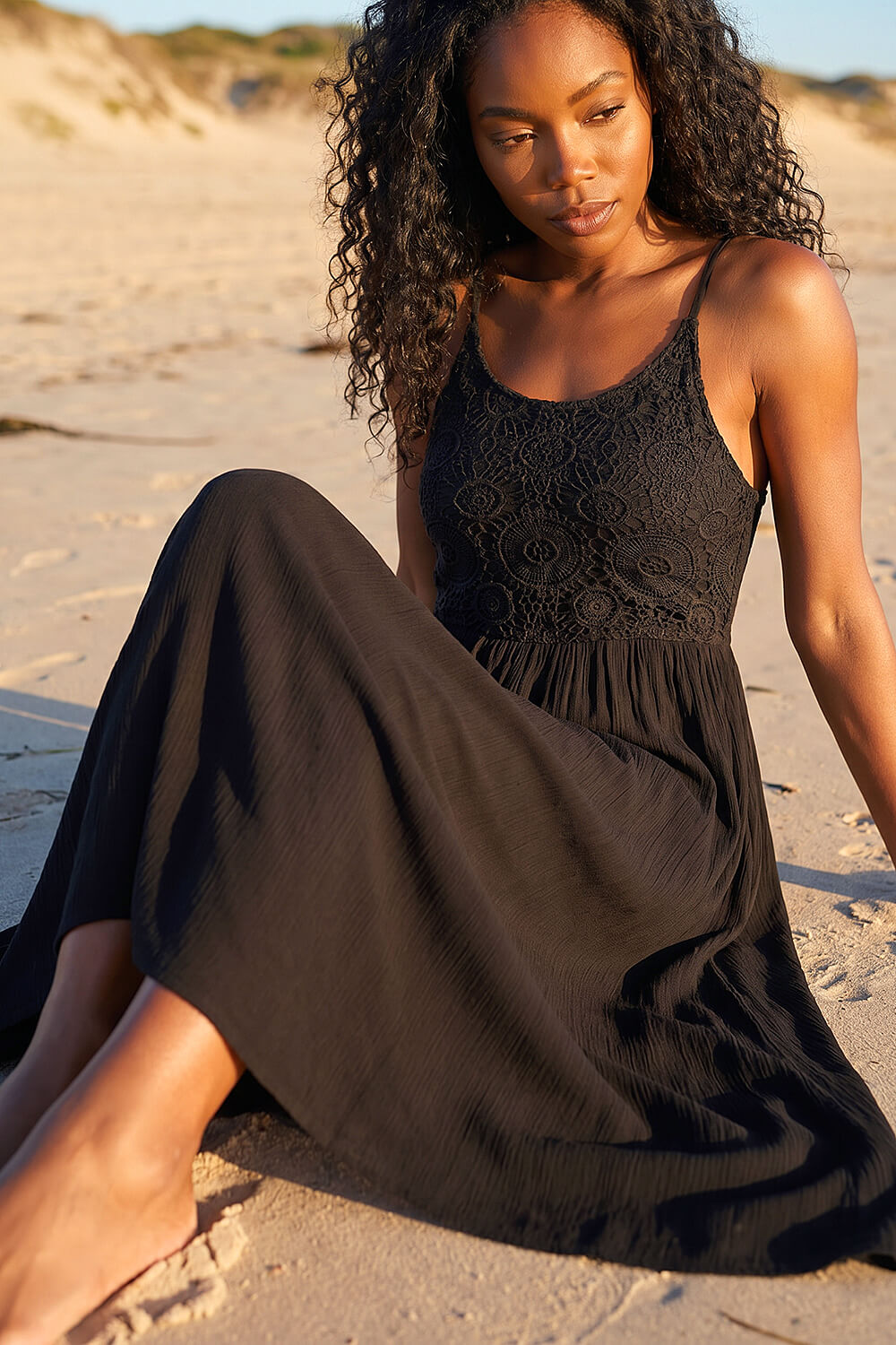 Black Lace Bodice Shirred Midi Dress, Image 3 of 4