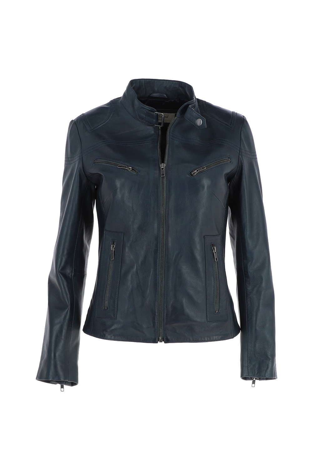 Navy 'lolita' Real Leather Mandarin Collar Biker Jacket, Image 2 of 5