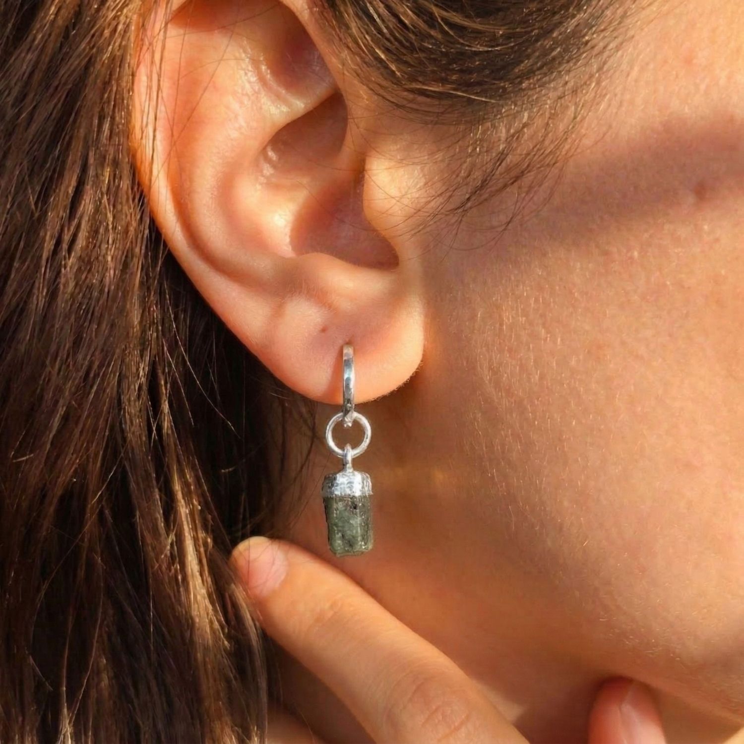Silver Raw Emerald May Birthstone Sterling Silver Huggies, Image 2 of 4