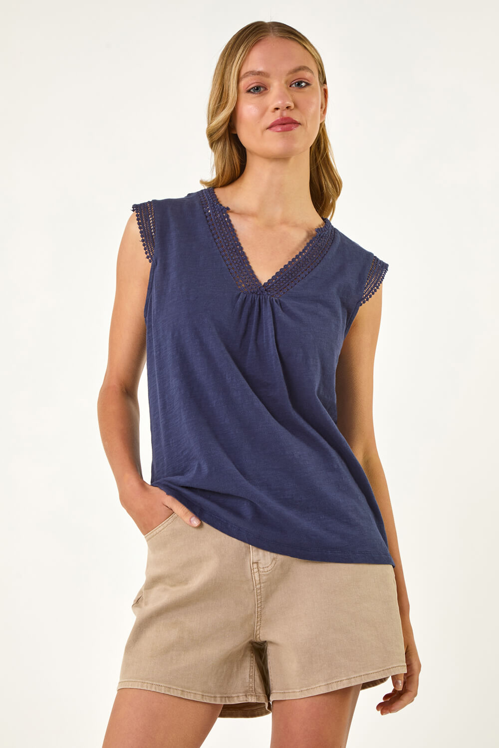 Navy Sleeveless V-Neck Lace Trim Cotton Top, Image 5 of 5