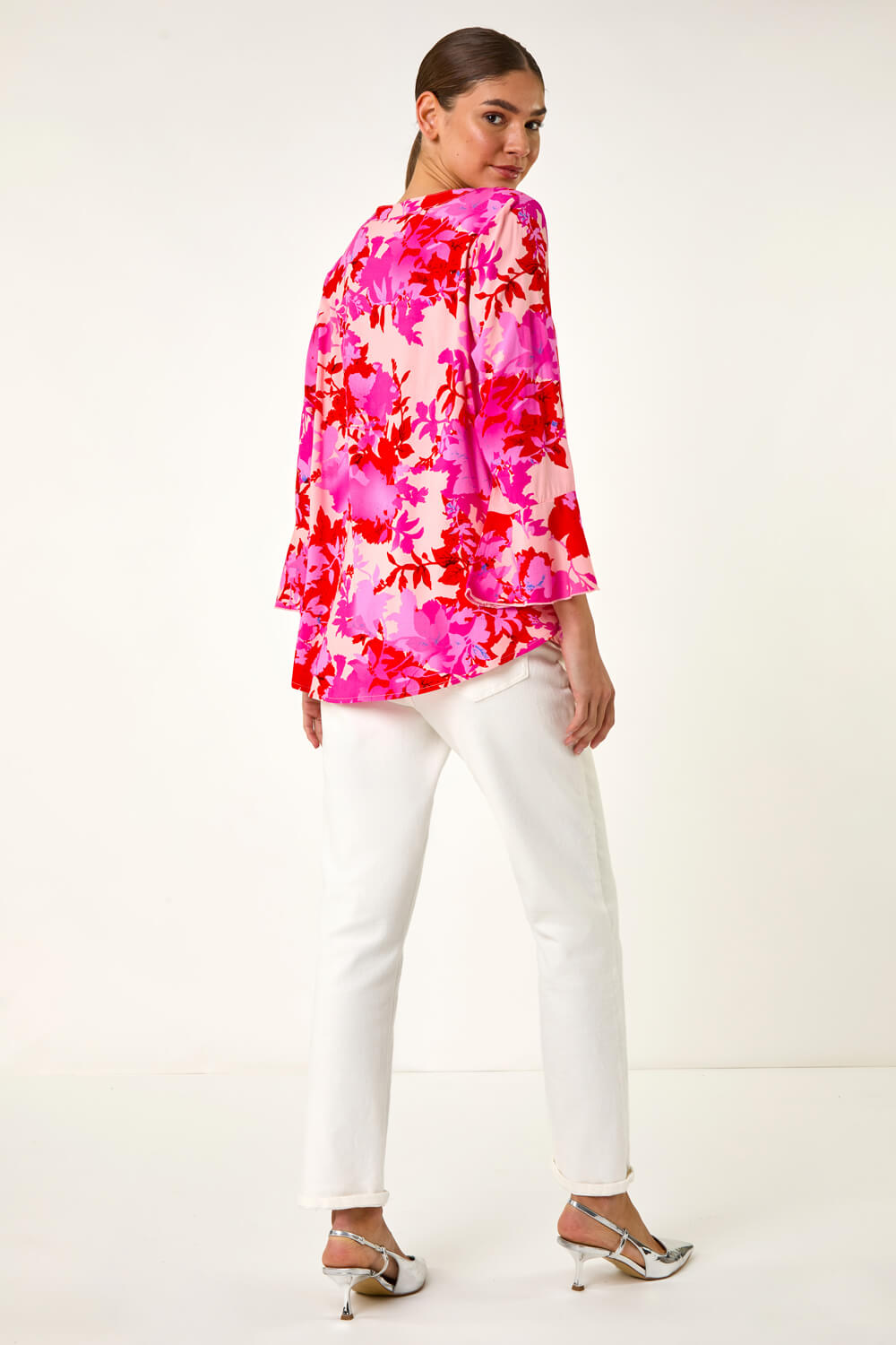 Pink Floral Print Flare Sleeve Blouse, Image 4 of 5