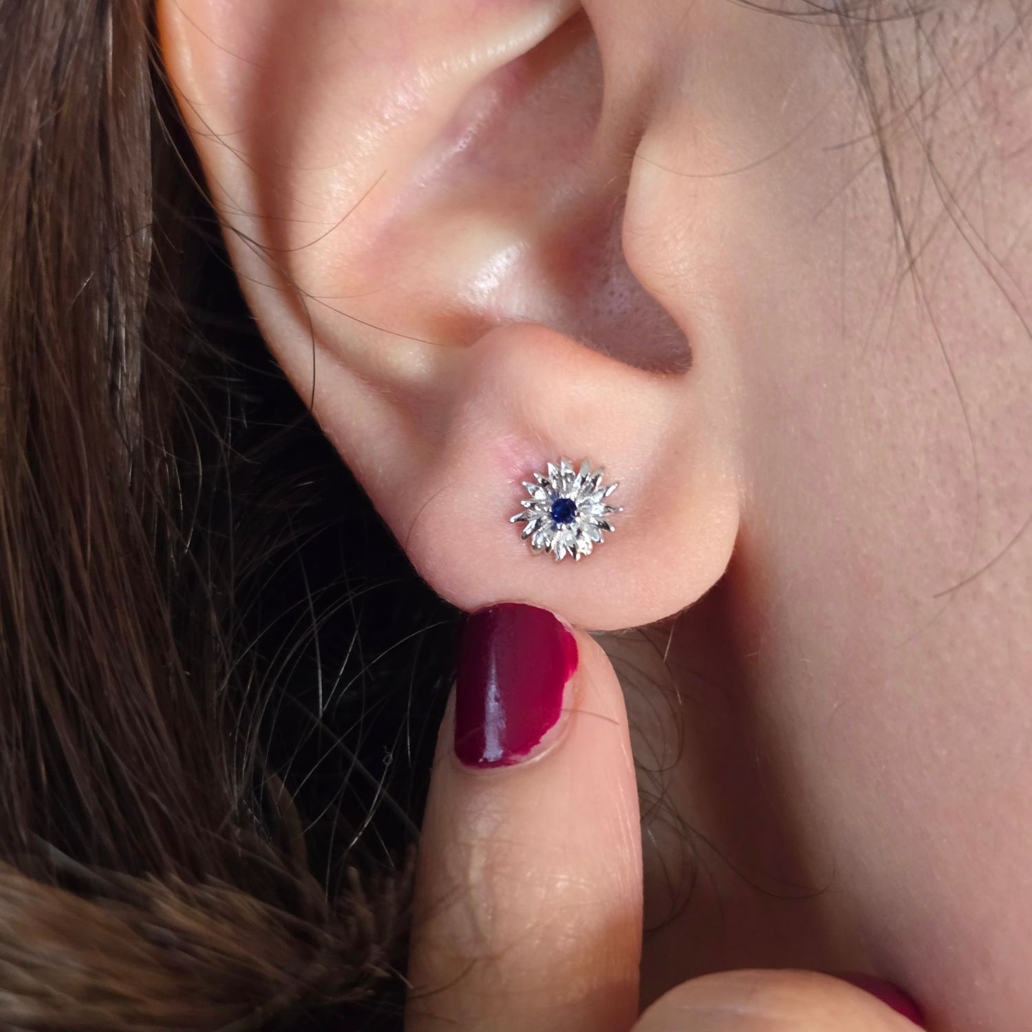 Silver Sapphire September Birthstone Aster Birthflower Stud Earrings, Image 2 of 3