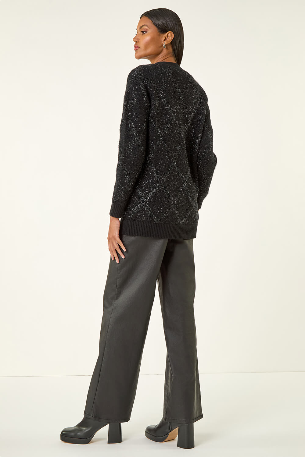 Black Longline Tinsel Knit Cardigan, Image 4 of 5
