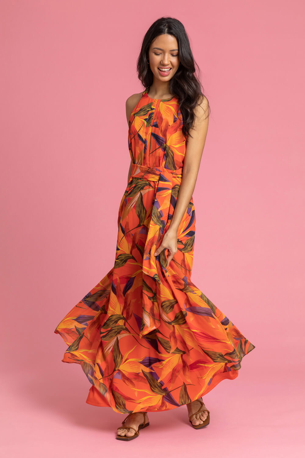 Floral Print Tie Waist Maxi Dress in Orange - Roman Originals UK