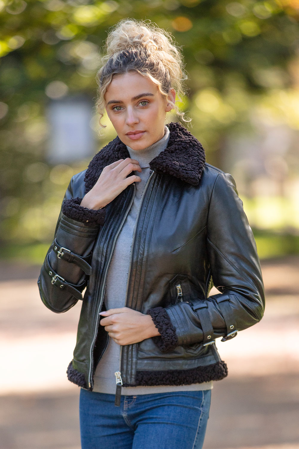 Black '2419' Ladies Leather Aviator Jacket With Faux Fur Lining