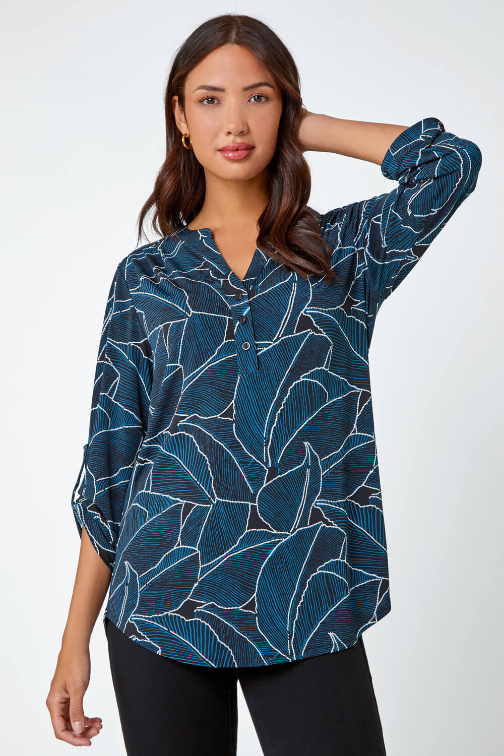 Teal Textured Leaf Print Stretch Shirt, Image 1 of 5