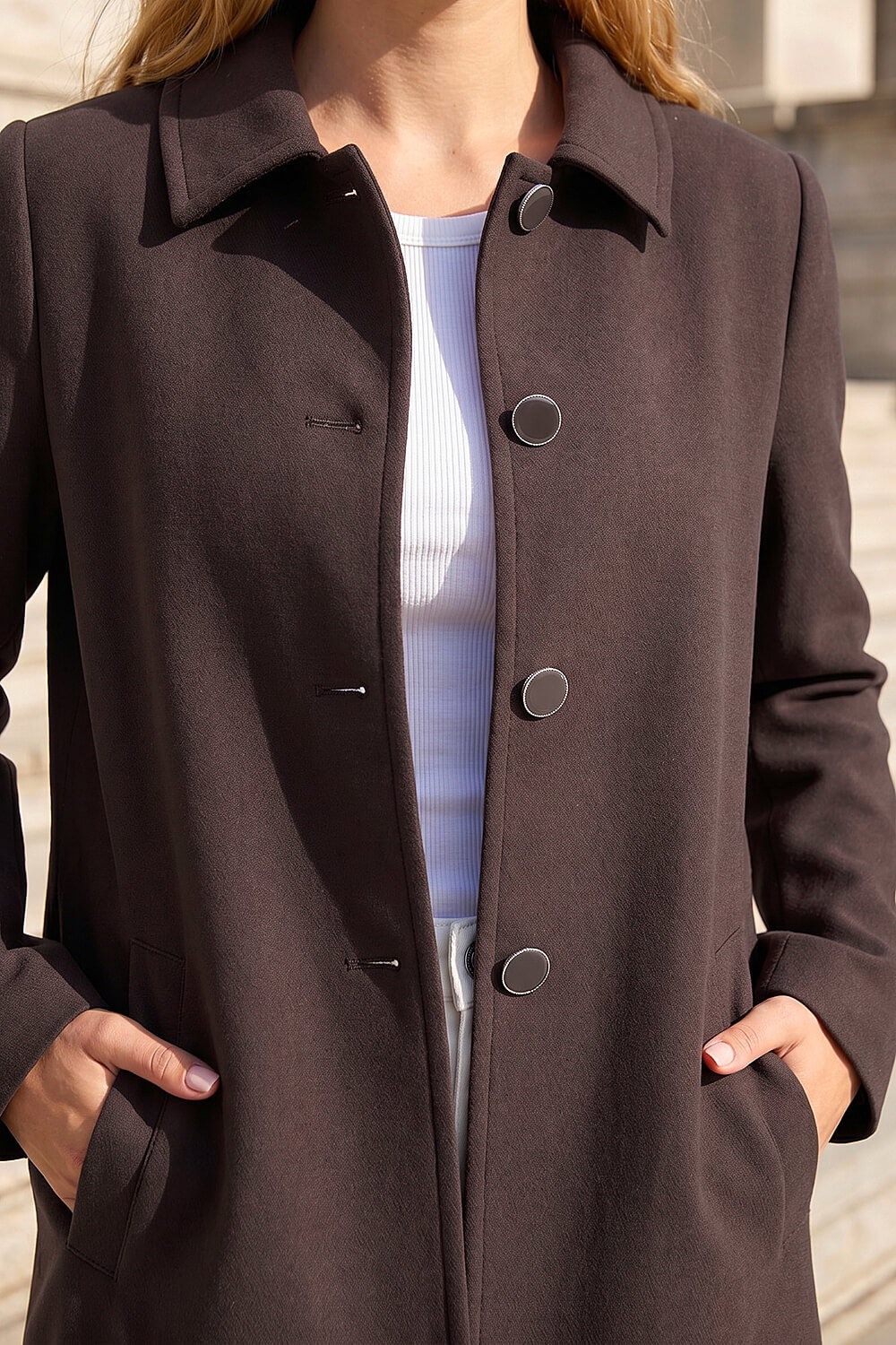 Chocolate Buttoned Swing Coat, Image 5 of 4