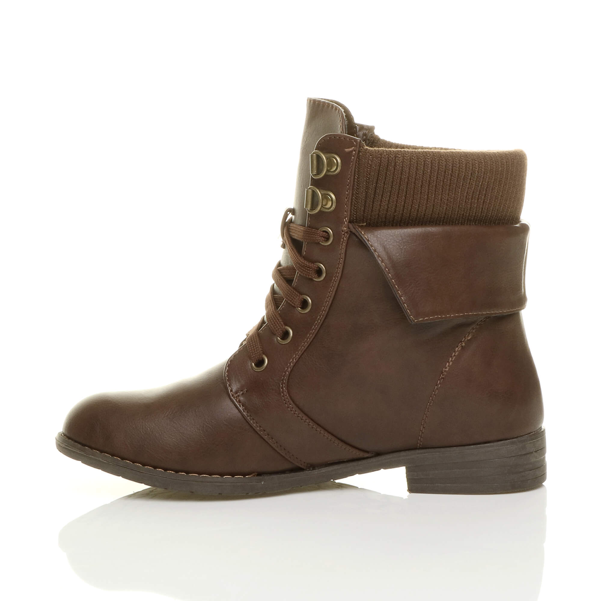 Brown Lace Up Knitted Collar Biker Military Boots, Image 3 of 5