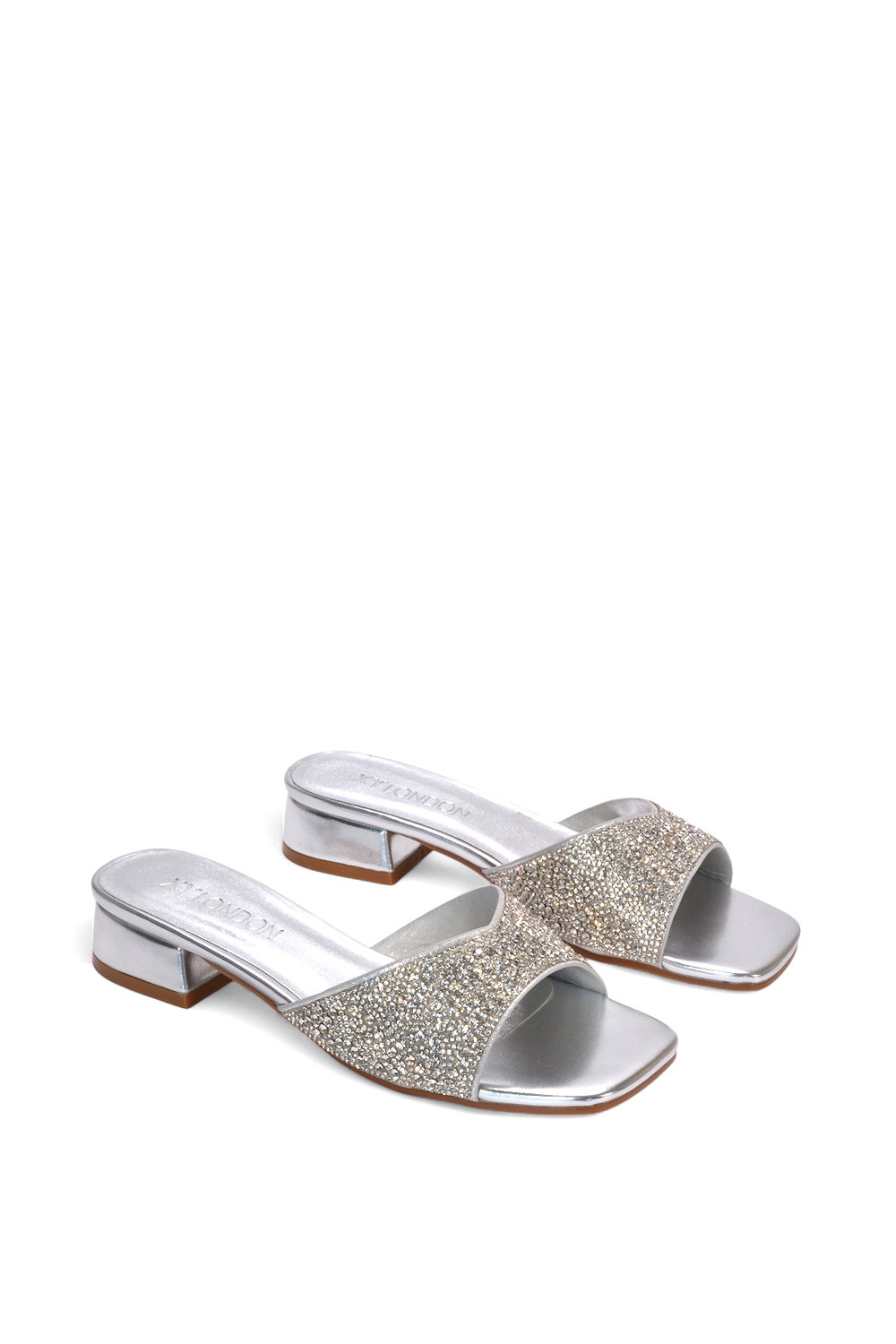 Silver XY LONDON Silver 'Seren' Low Heel Sandal Mules With Diamante Details, Image 5 of 6
