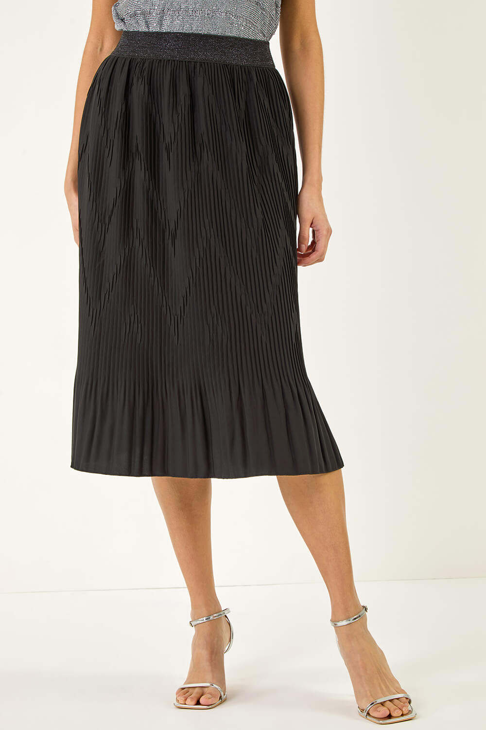 Roman Women's Black Pleated Crinkle Midi Skirt Size 14