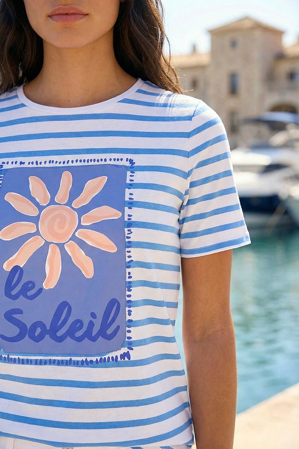 Blue Motif Stripe Print Cotton T-Shirt , Image 5 of 4