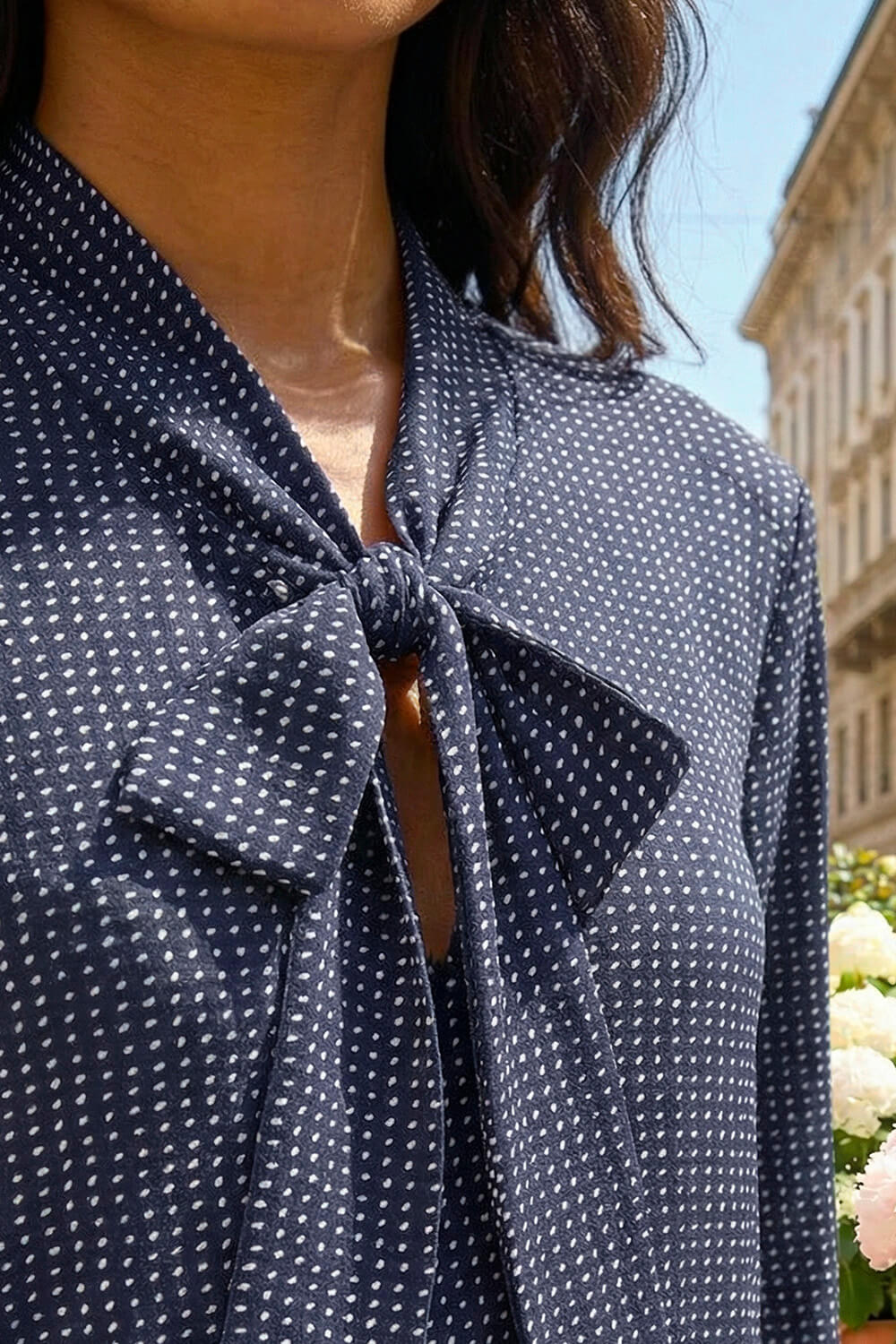Navy Polka Dot Tie Neck Top, Image 5 of 4