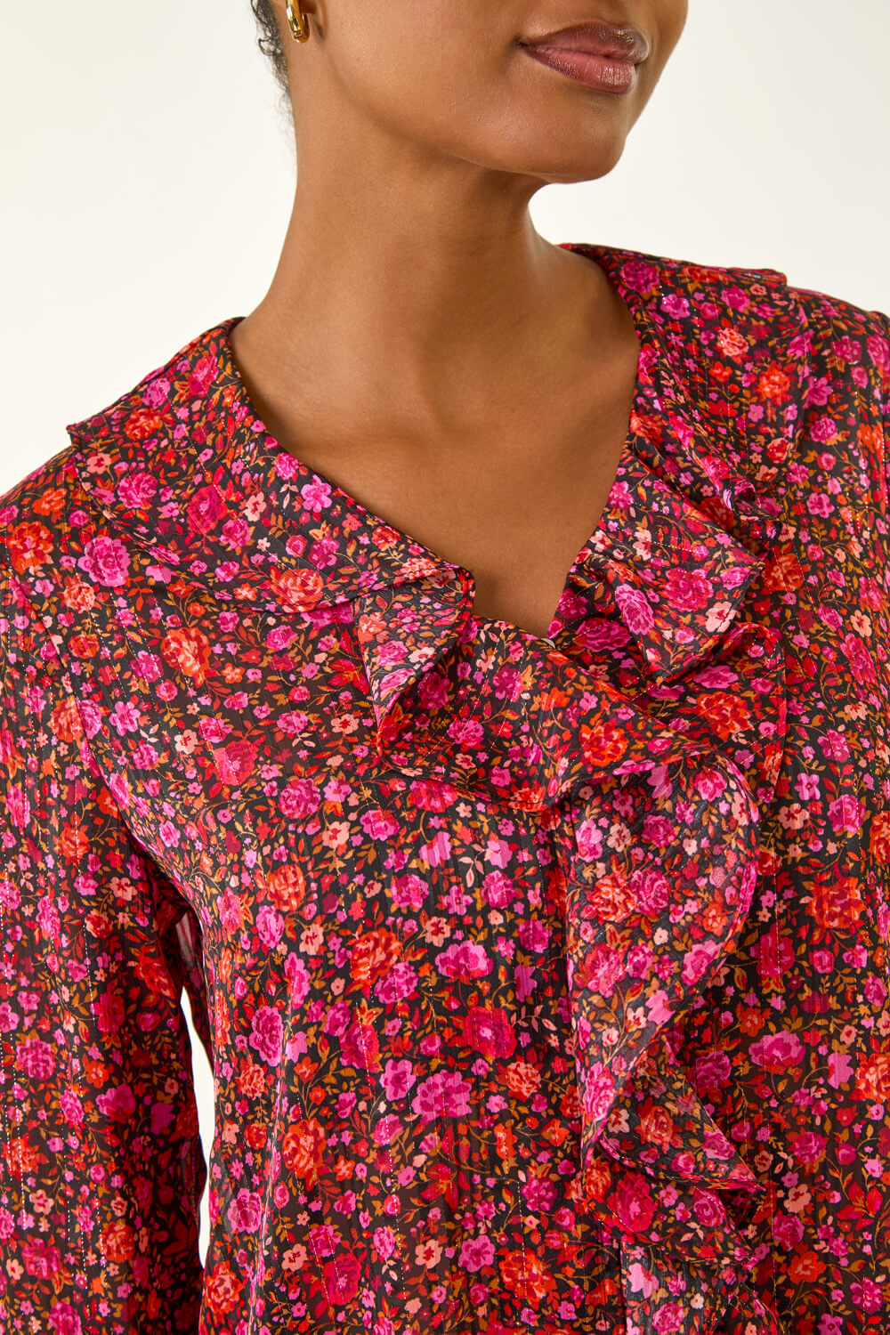 PINK Floral Frill Metallic Blouse, Image 6 of 5