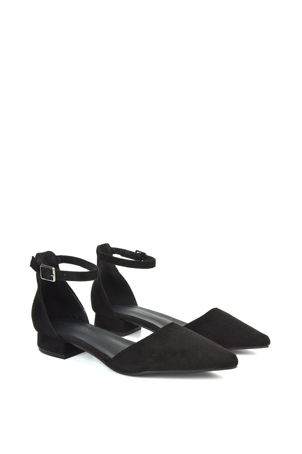 Black XY LONDON Black 'Jenny' Low Heel Flat Pointed Toe Ankle Strap Court Shoes, Image 3 of 5