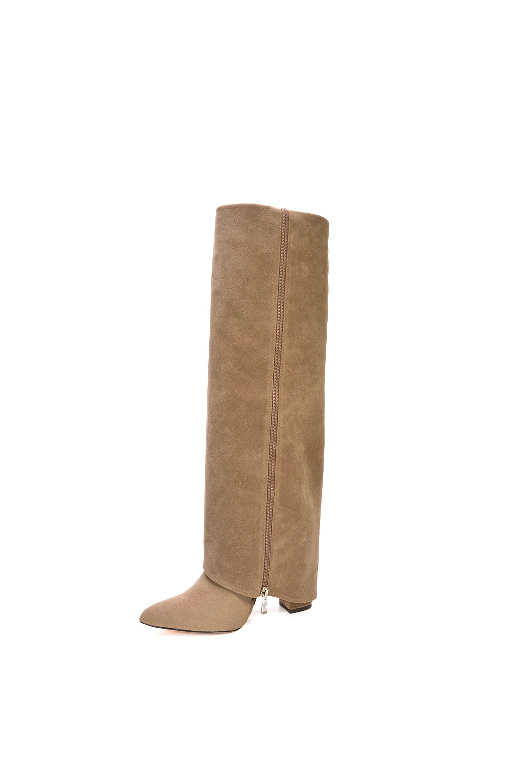 Taupe 'Allie' Knee High Boots Fold Over Point Toe Deco Zip, Image 5 of 6