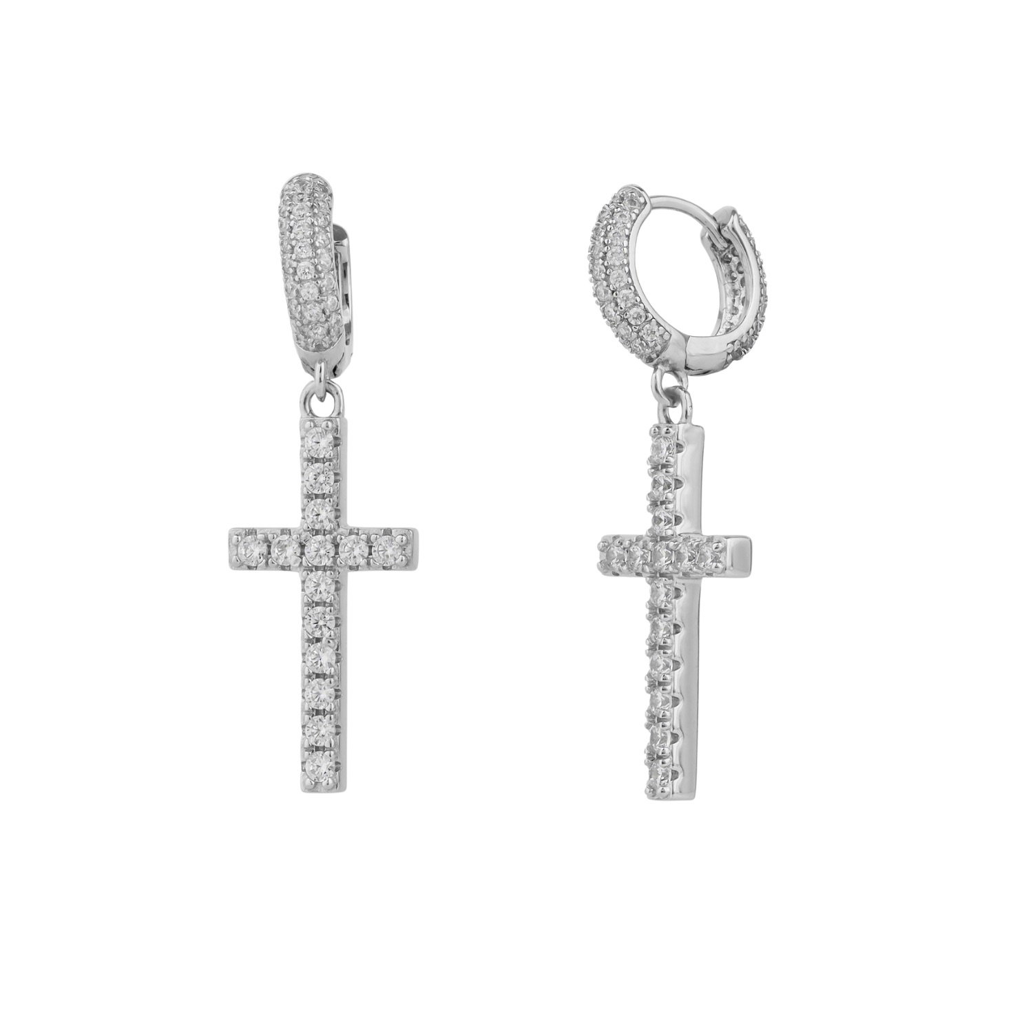 Silver Full Pave Cross Sterling Silver Drop Hoop Earring, Image 1 of 7