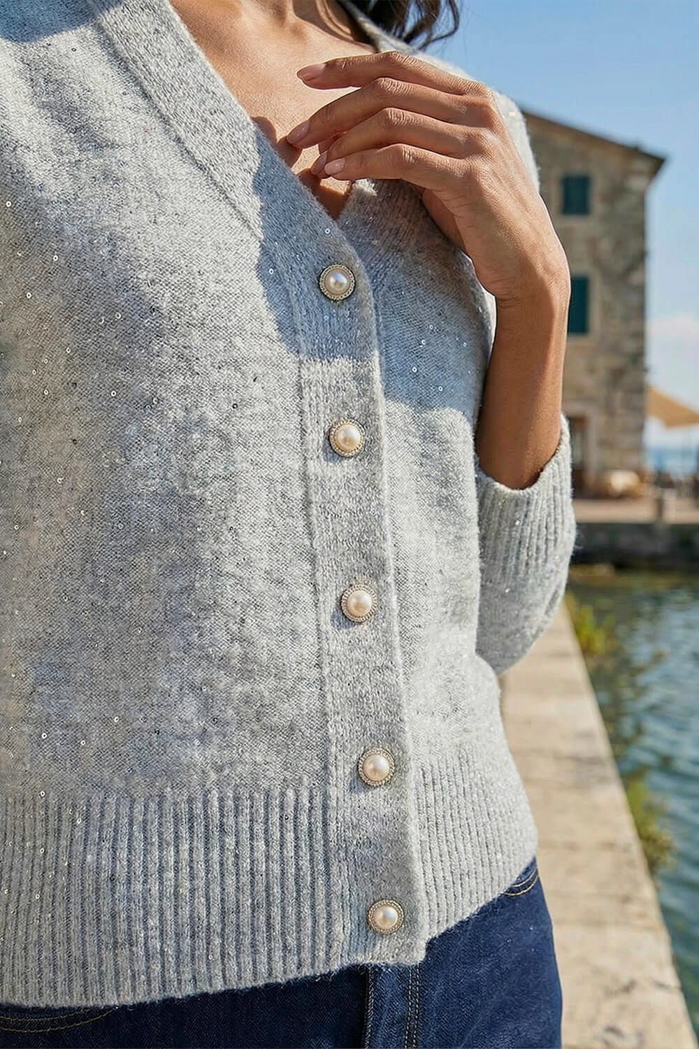 Grey Sequin V-Neck Buttoned Cardigan, Image 5 of 4