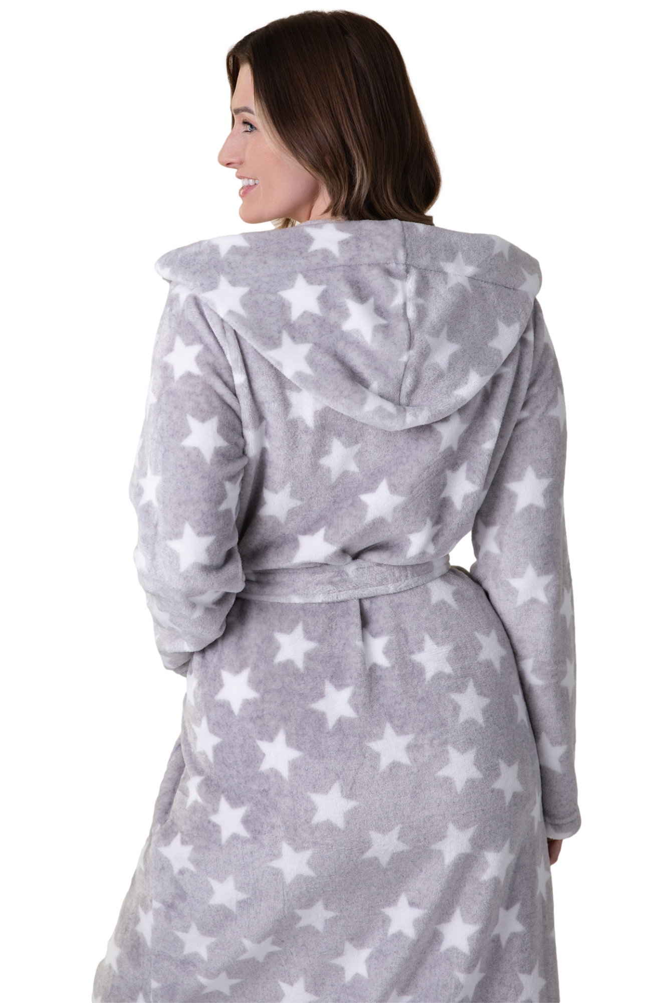 Light Grey Supersoft Fleece Hooded Calf Length Bathrobe, Image 5 of 5