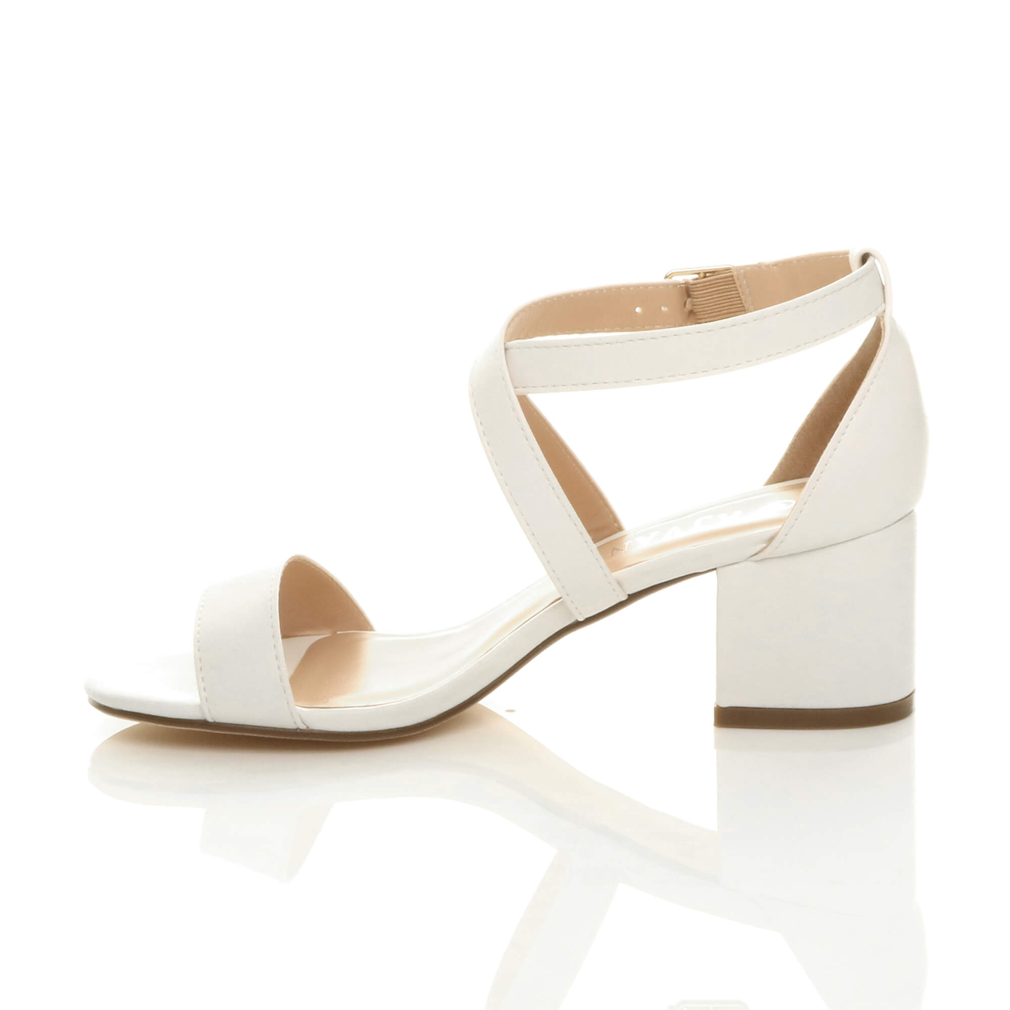White AJVANI White Mid Block Heel Crossed Straps Sandals, Image 3 of 6