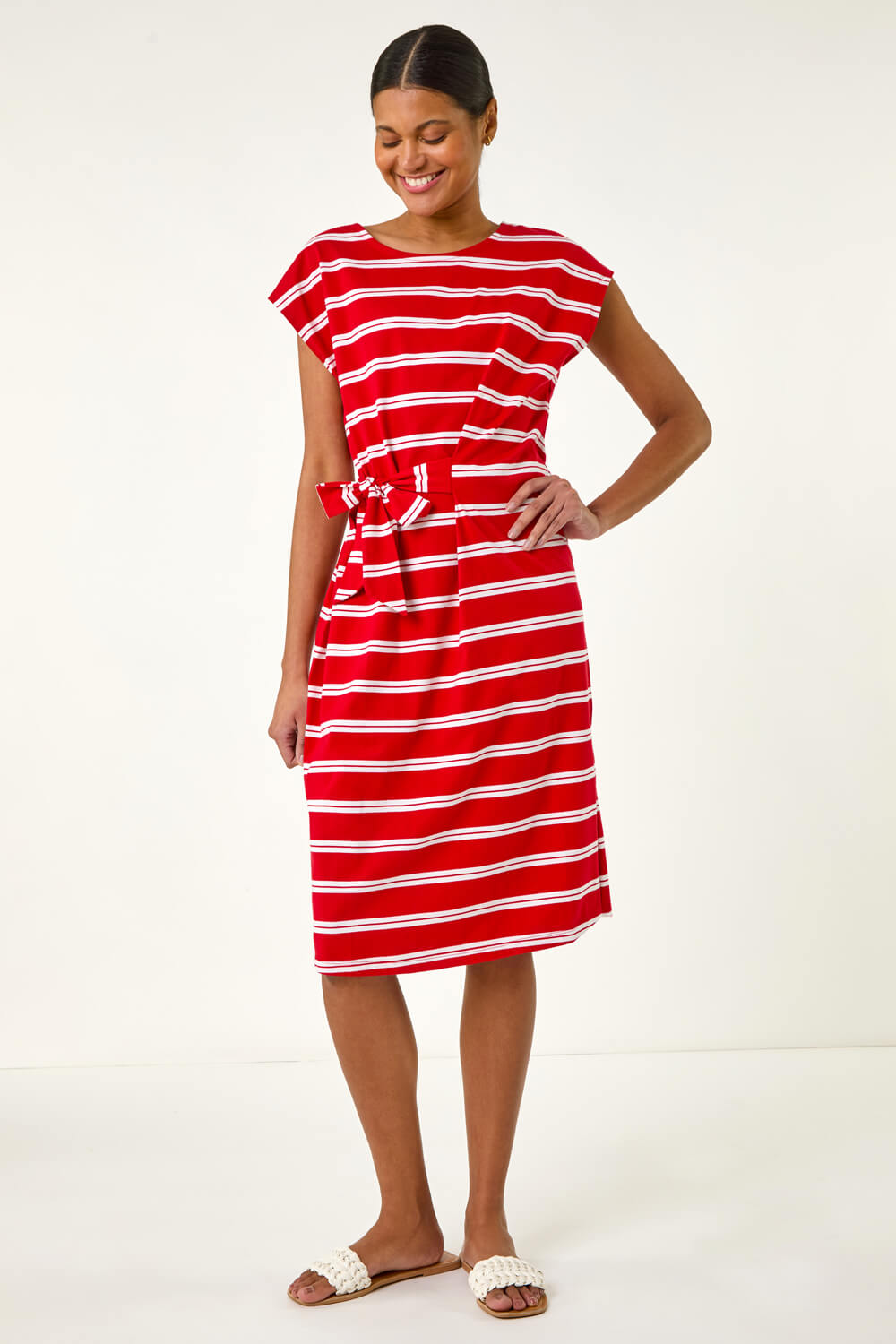 Red Stripe Tie Side Stretch Midi Dress, Image 3 of 5
