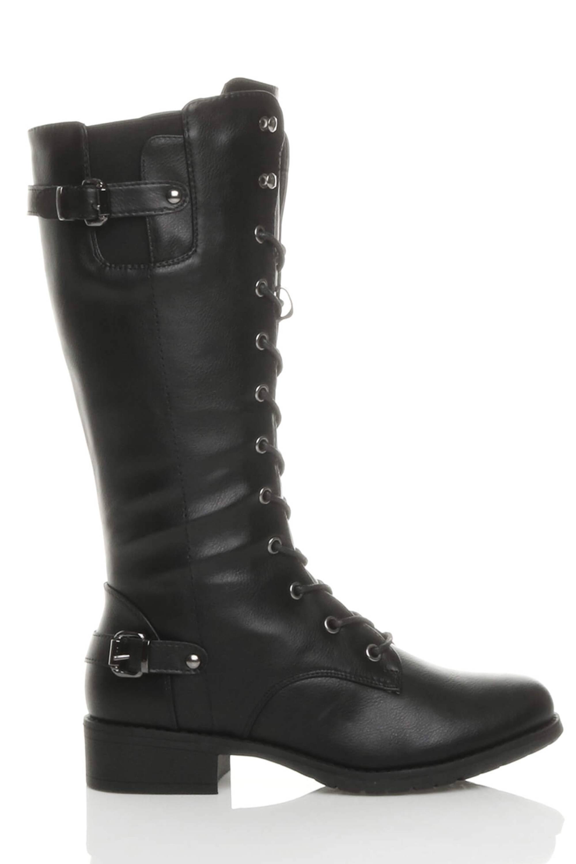 Black Lace Up Calf Military Biker Boots, Image 2 of 6