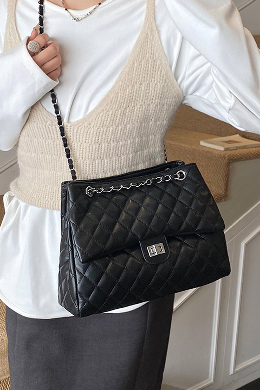Black 'Elaine' Women's Quilted Flap Shoulder Bag With Chain Strap, Image 1 of 1
