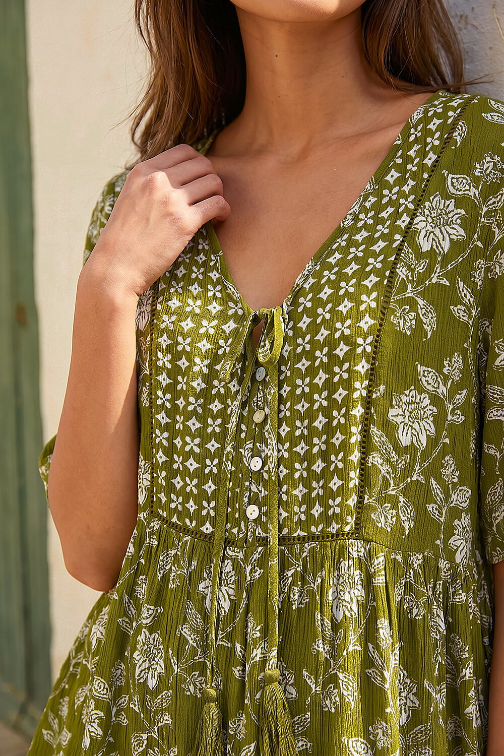 Olive Floral Print Tassel Tunic Top, Image 5 of 4