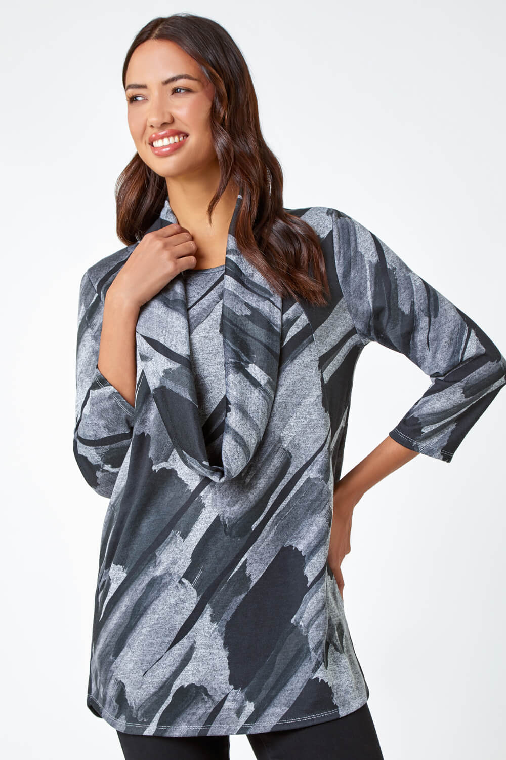 Charcoal Abstract Print Pocket Tunic Top with Snood, Image 3 of 5