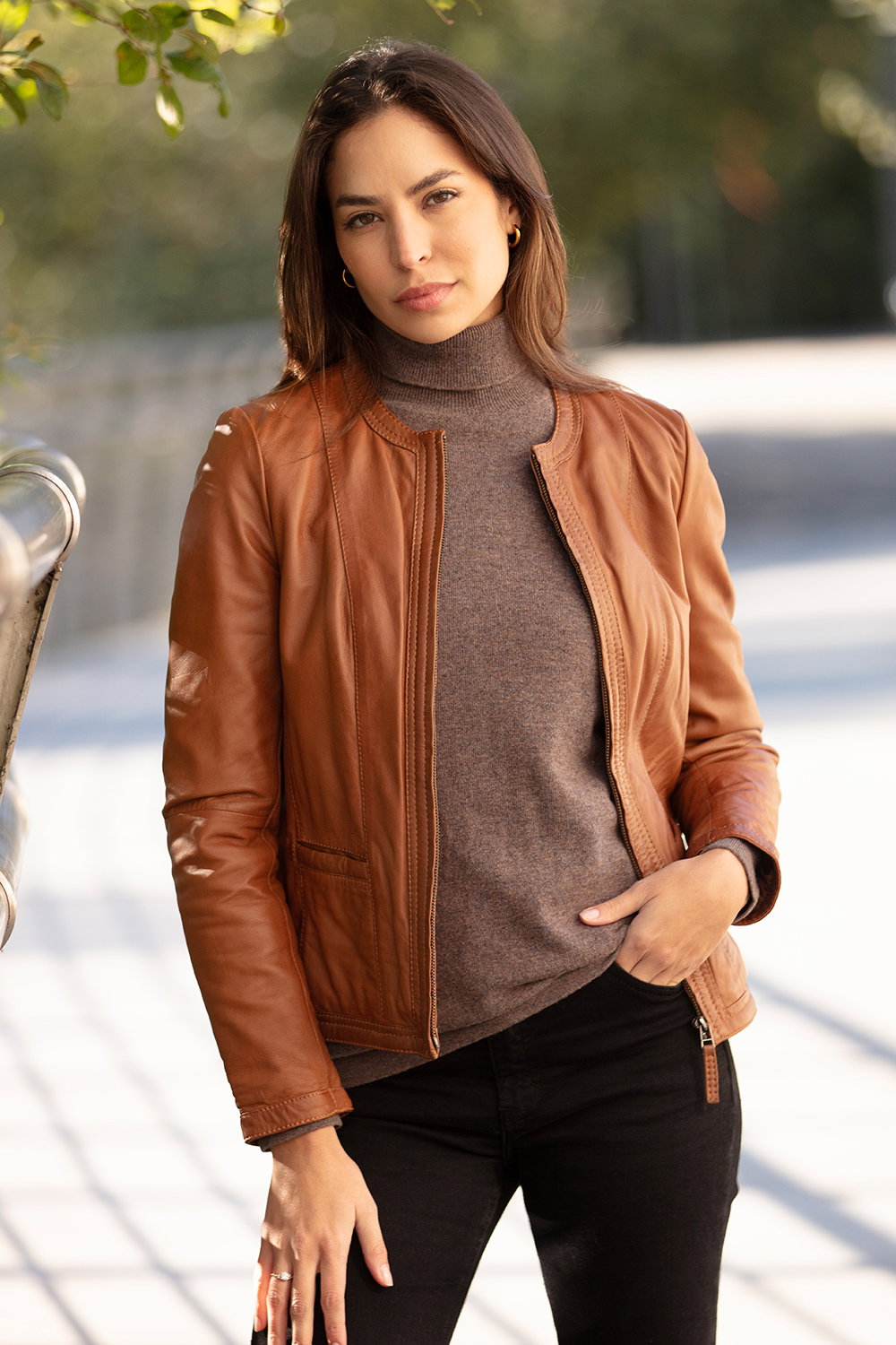 Tan Ashwood Leather Tan 'Liona' Collarless Leather Jacket, Image 1 of 5