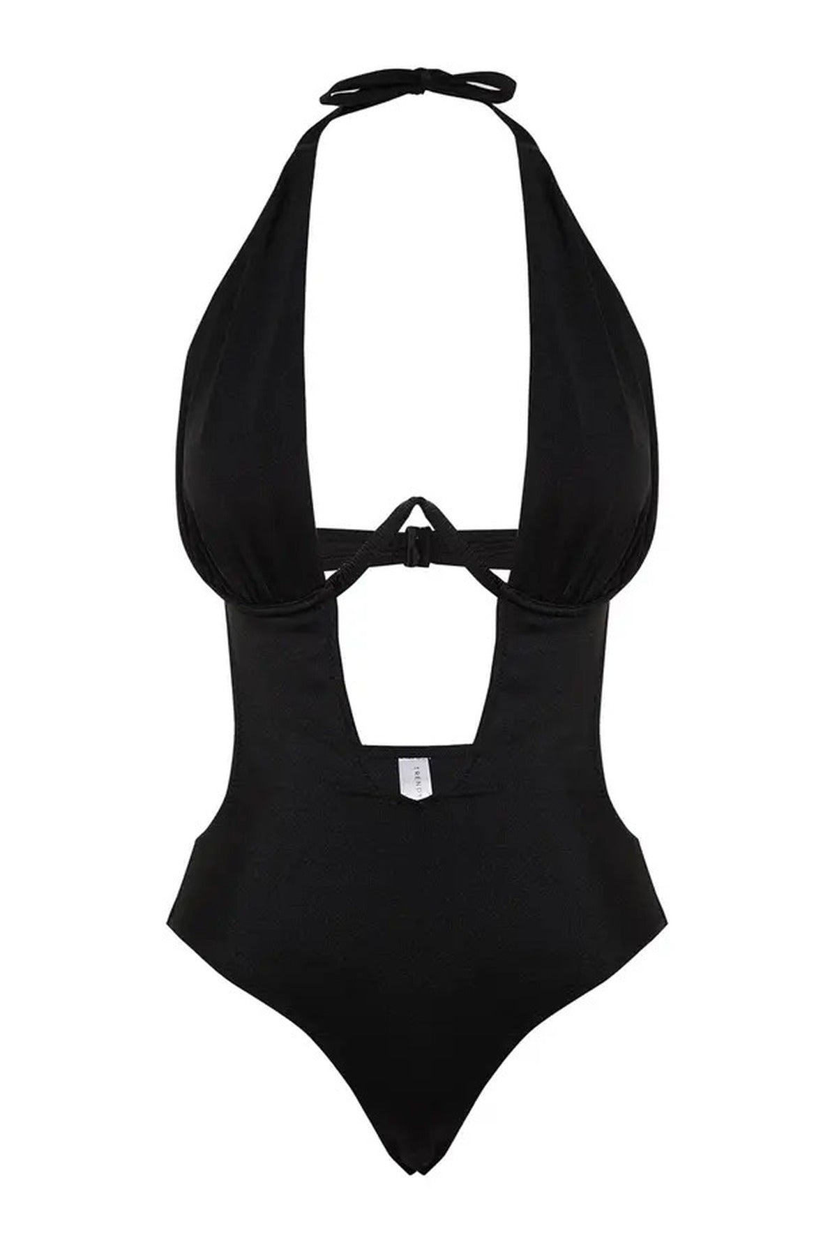 Black WOVCOR Black Plunge Halterneck Cut Out Detail Swimsuit, Image 2 of 3