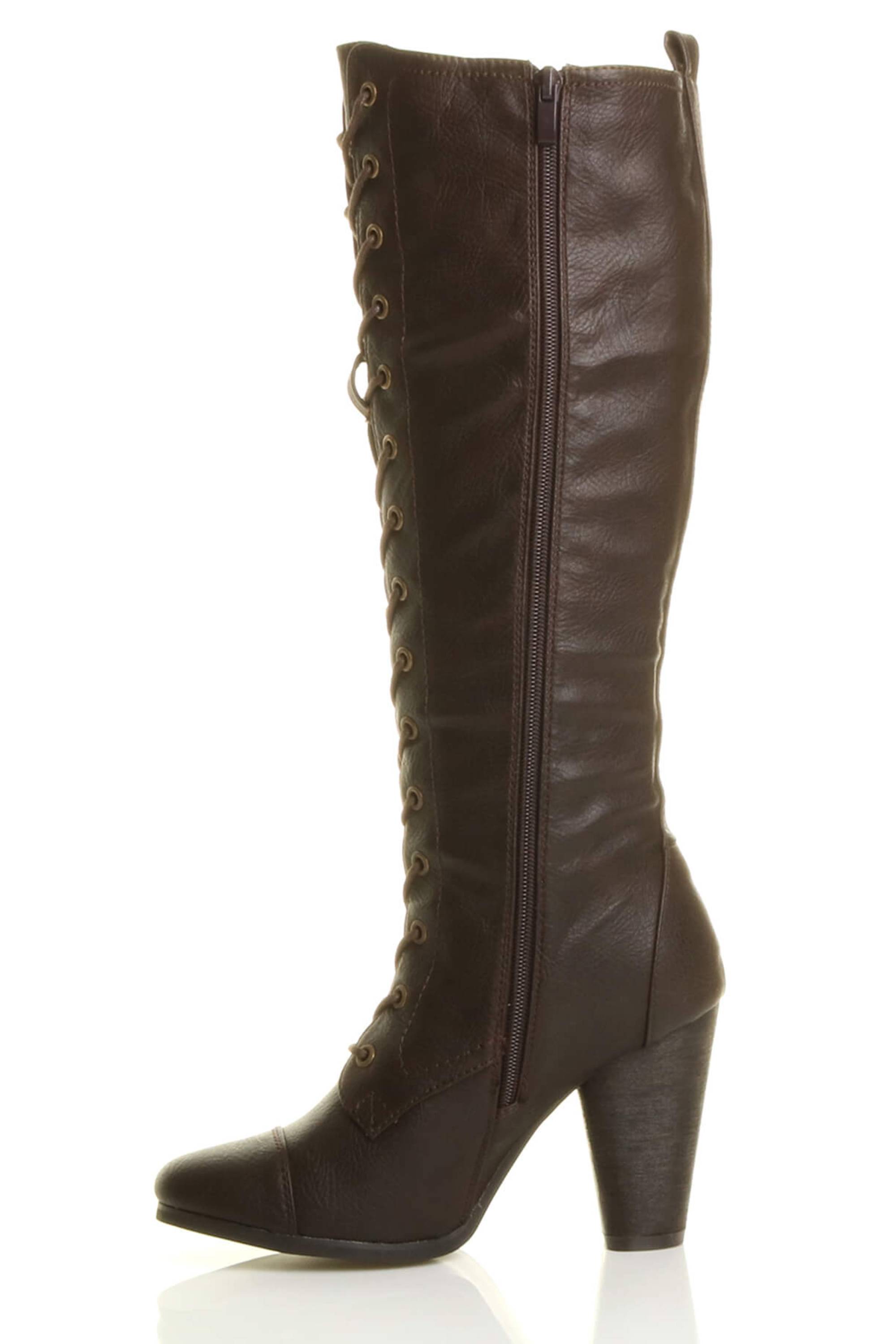 Brown AJVANI Brown High Heel Lace Up Victorian Style Knee High Boots, Image 3 of 6