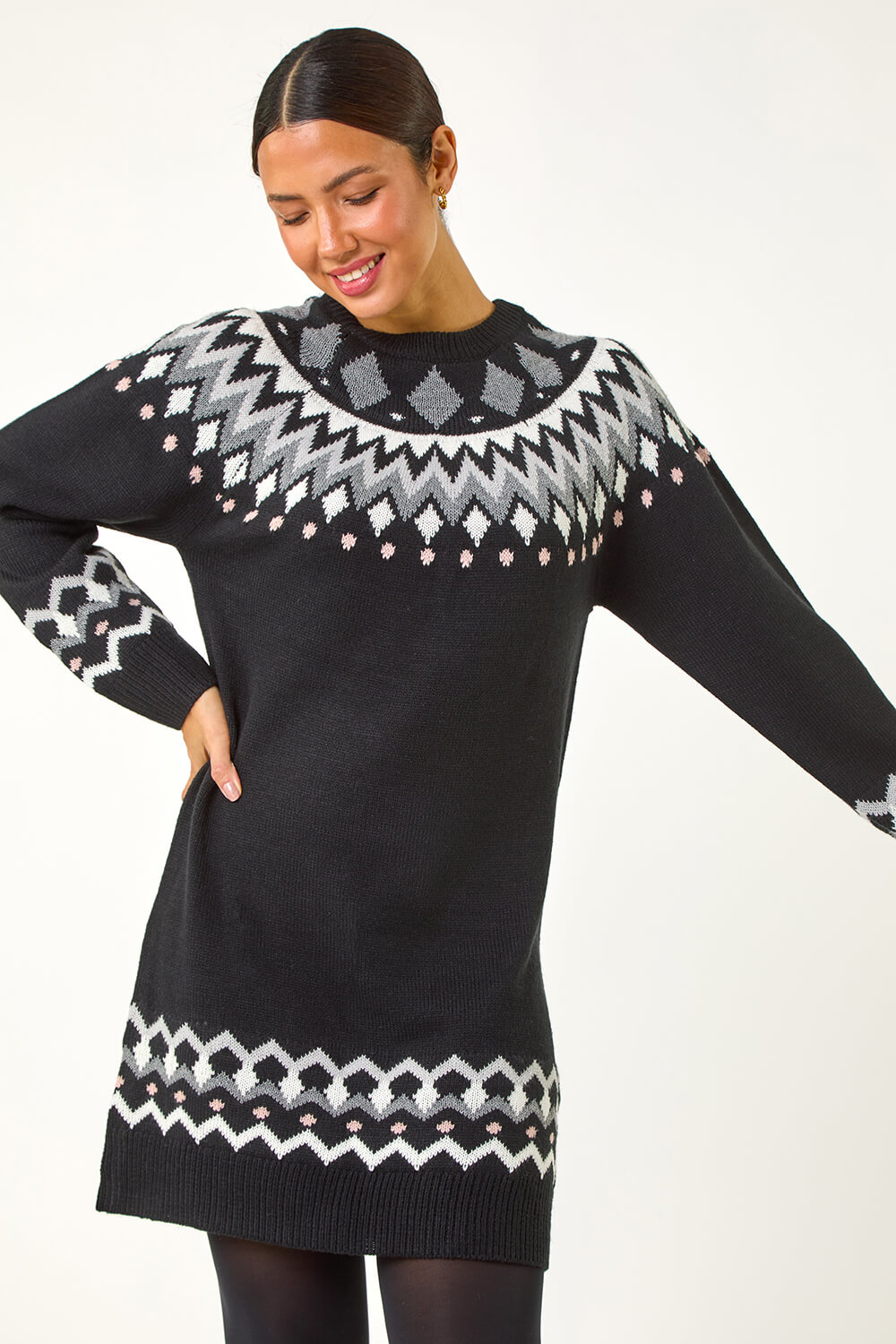 Black Geometric Print Knitted Shift Dress, Image 5 of 5