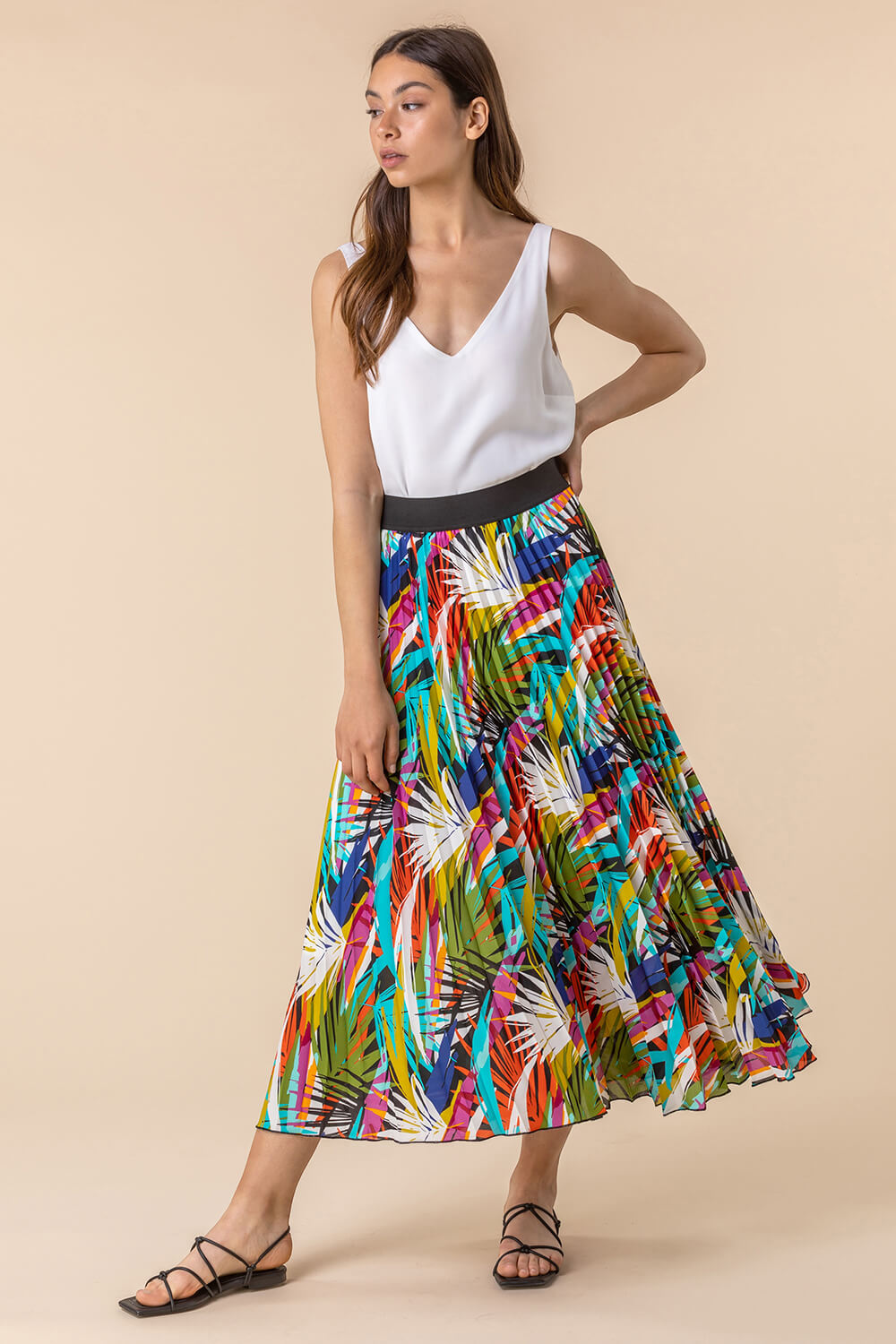 Multi Tropical Leaf Print Pleated Maxi Skirt, Image 4 of 4