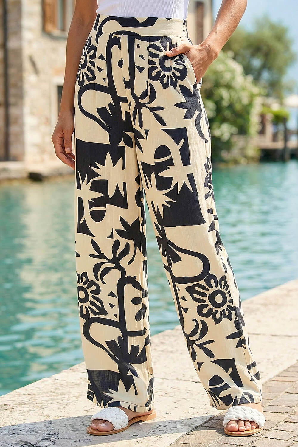 Ivory  Contrast Print Wide Leg Trouser, Image 3 of 4