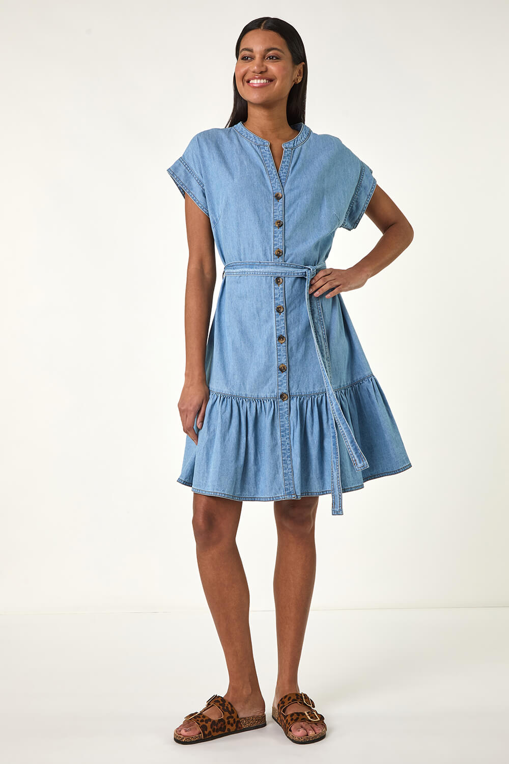 Light Denim Denim Tiered Shirt Dress, Image 1 of 5