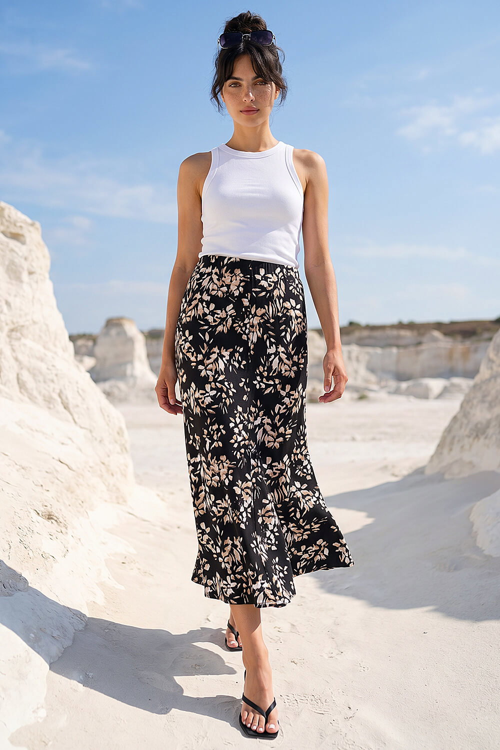 Black Dusk Floral Fluted Midi Skirt, Image 3 of 4