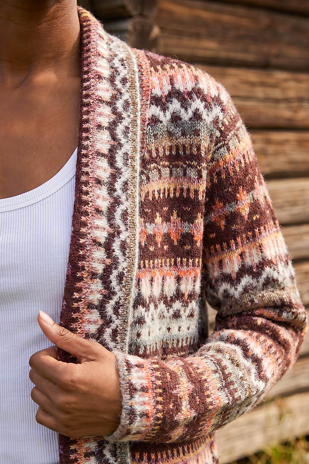 Burgundy Petite Aztec Longline Cardigan, Image 5 of 4
