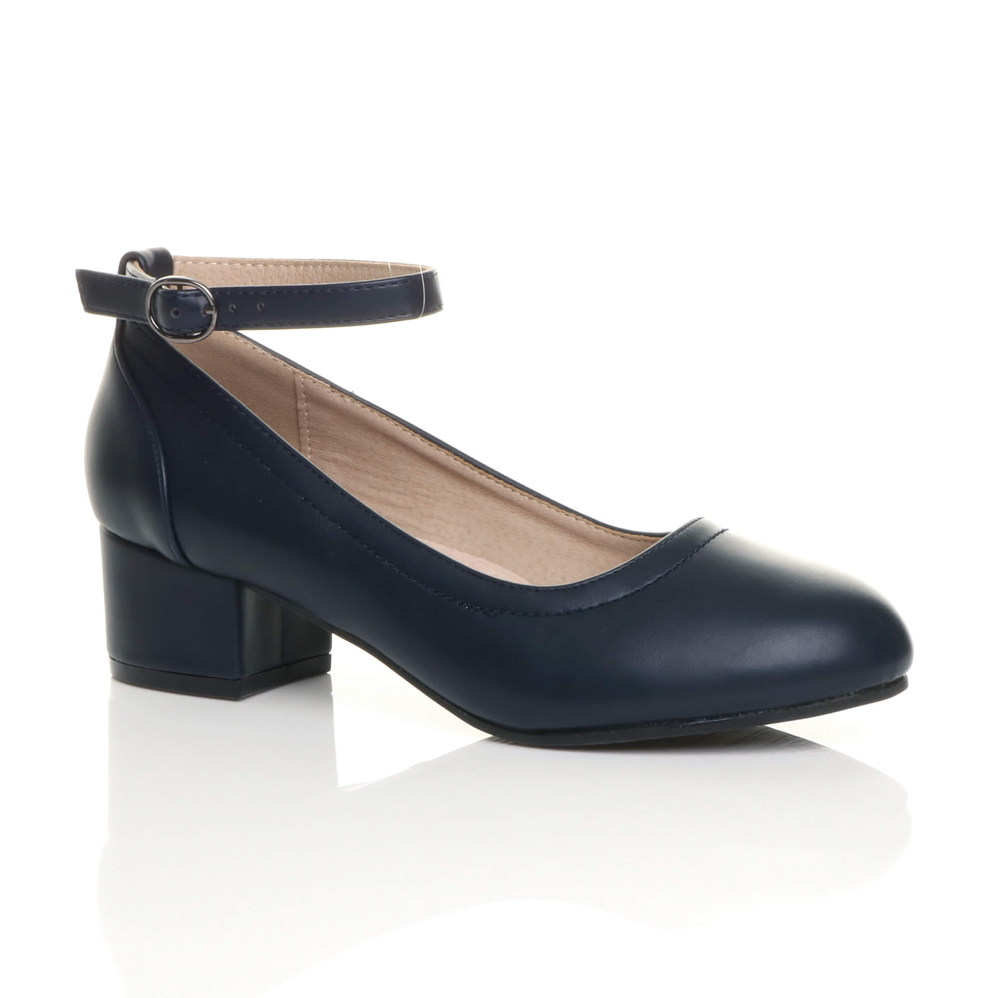 Navy Blue AJVANI Navy Blue Low Block Heel Ankle Strap Court Shoes, Image 1 of 6