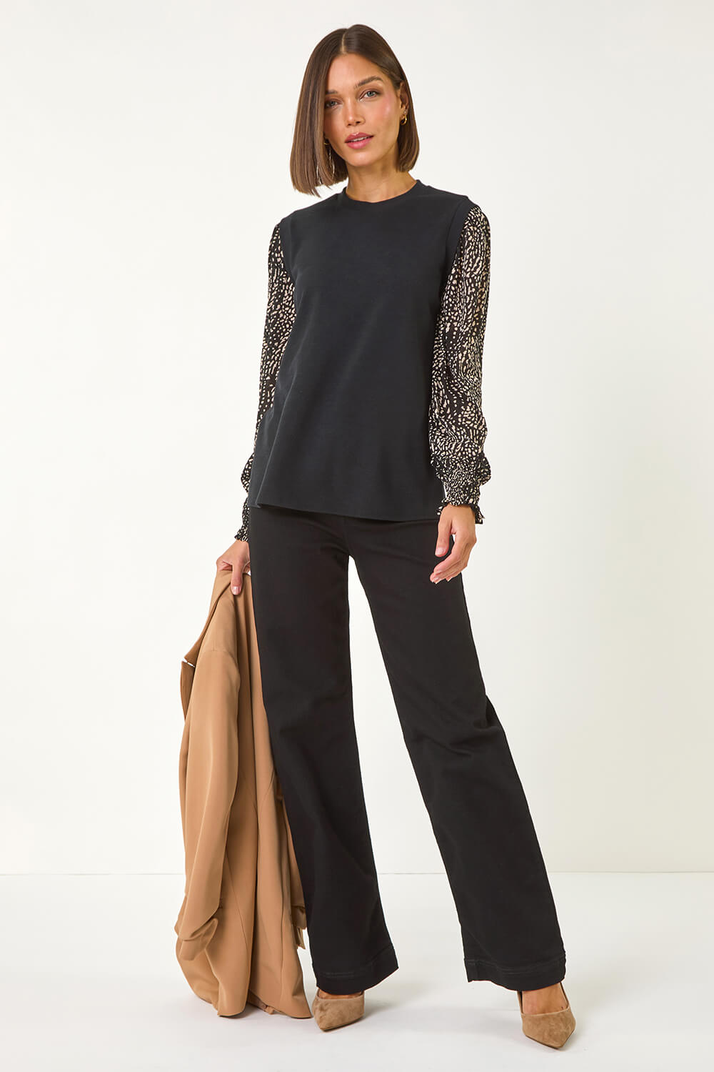 Black 2 in 1 Print Mesh Sleeve Top, Image 3 of 5